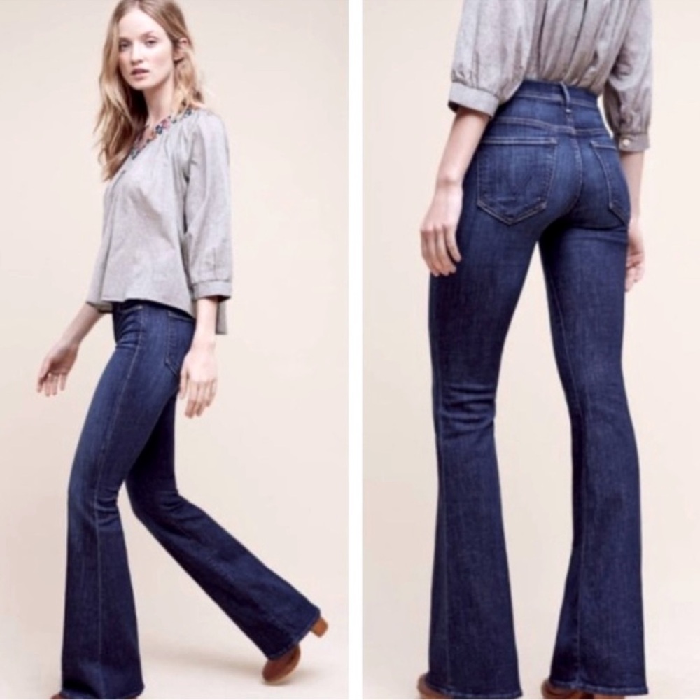 MOTHER Jeans The Cruiser Flare Dreamy Wash Dark Blue Raw Hem 27